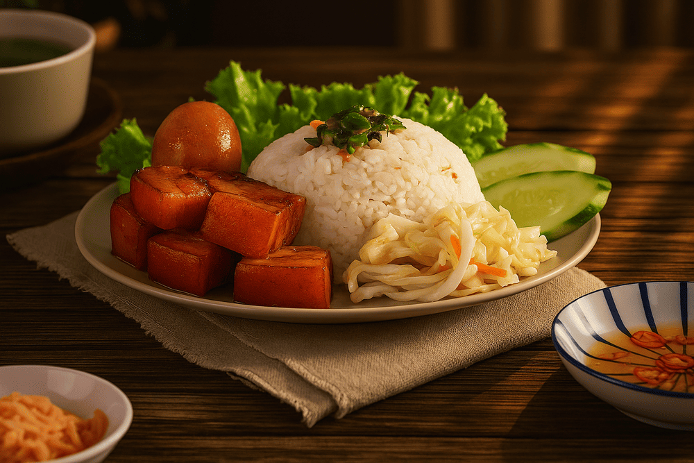 A quiet corner eatery offering balanced broken rice meals with pork and traditional sides